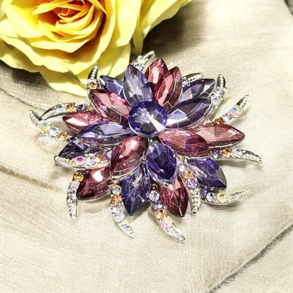 Purple Rose Brooch, Crystal Brooch, Silver Brooches, Crystal Flower Brooch - Picture 2 of 7